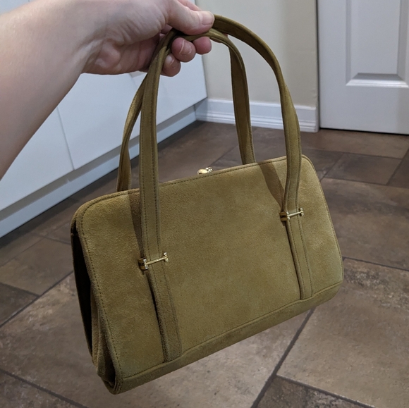 Vintage 60's Suede Structured Top Handle All Suede Satchel Bag Camel - Picture 3 of 10